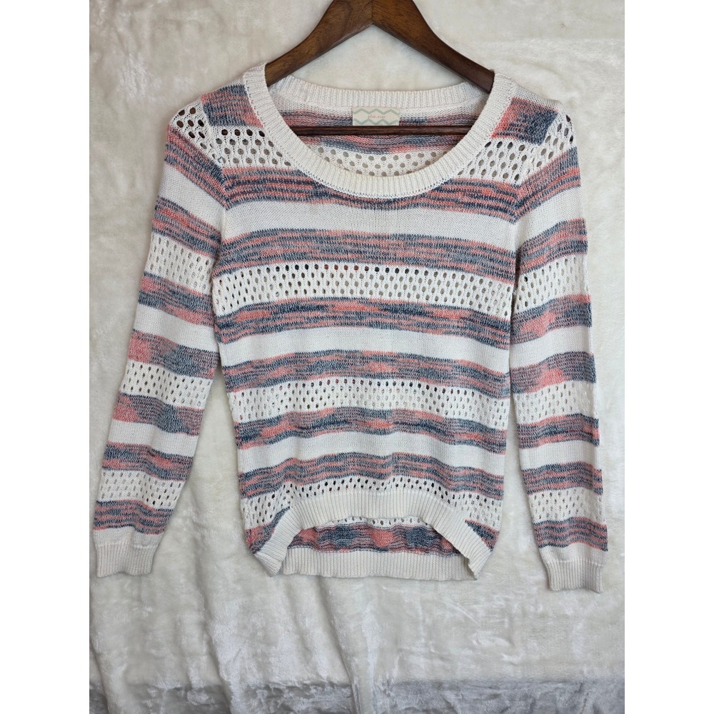 Pink Rose Womens Striped Open Knit Sweater Small Blue Coral Pointelle PS312643M
